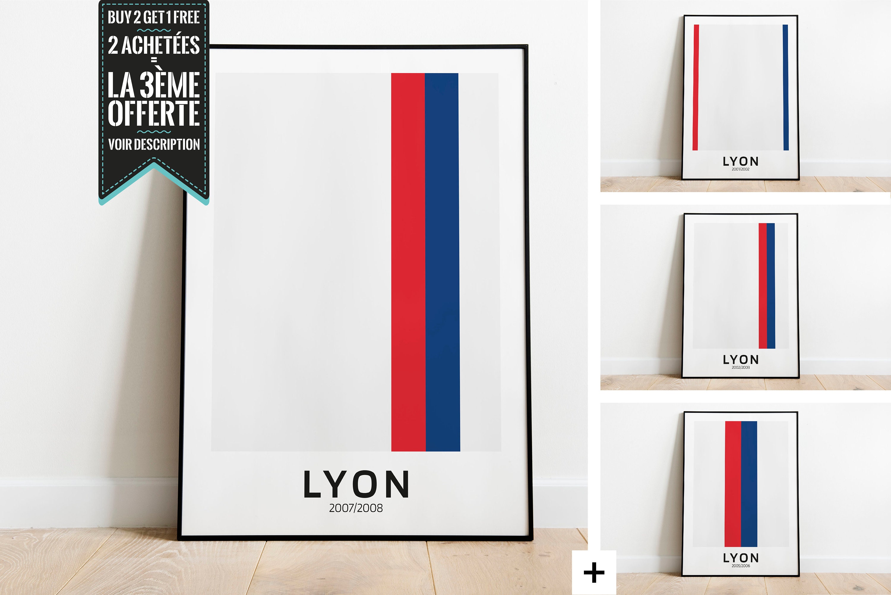 Affiche Décorative - Maillots Minimalistes Olympique Lyonnais Champions de France