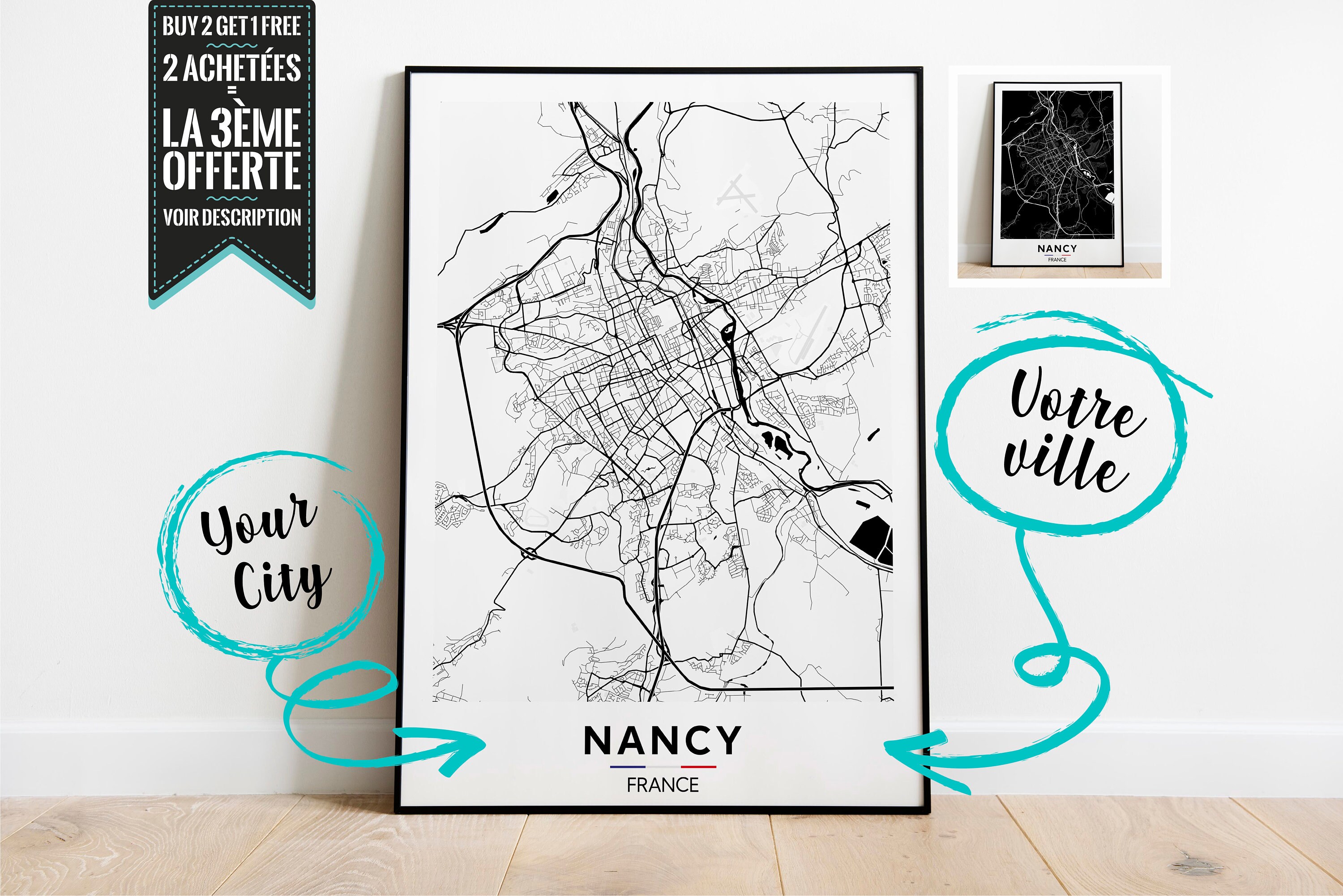 Nancy Plan de Ville Affiche Décorative - Possibilité Personnaliser avec La Ville Ton Choix