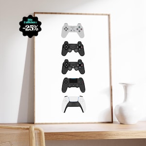 PlayStation controller poster from PS1 to PS5, retro gaming room decor