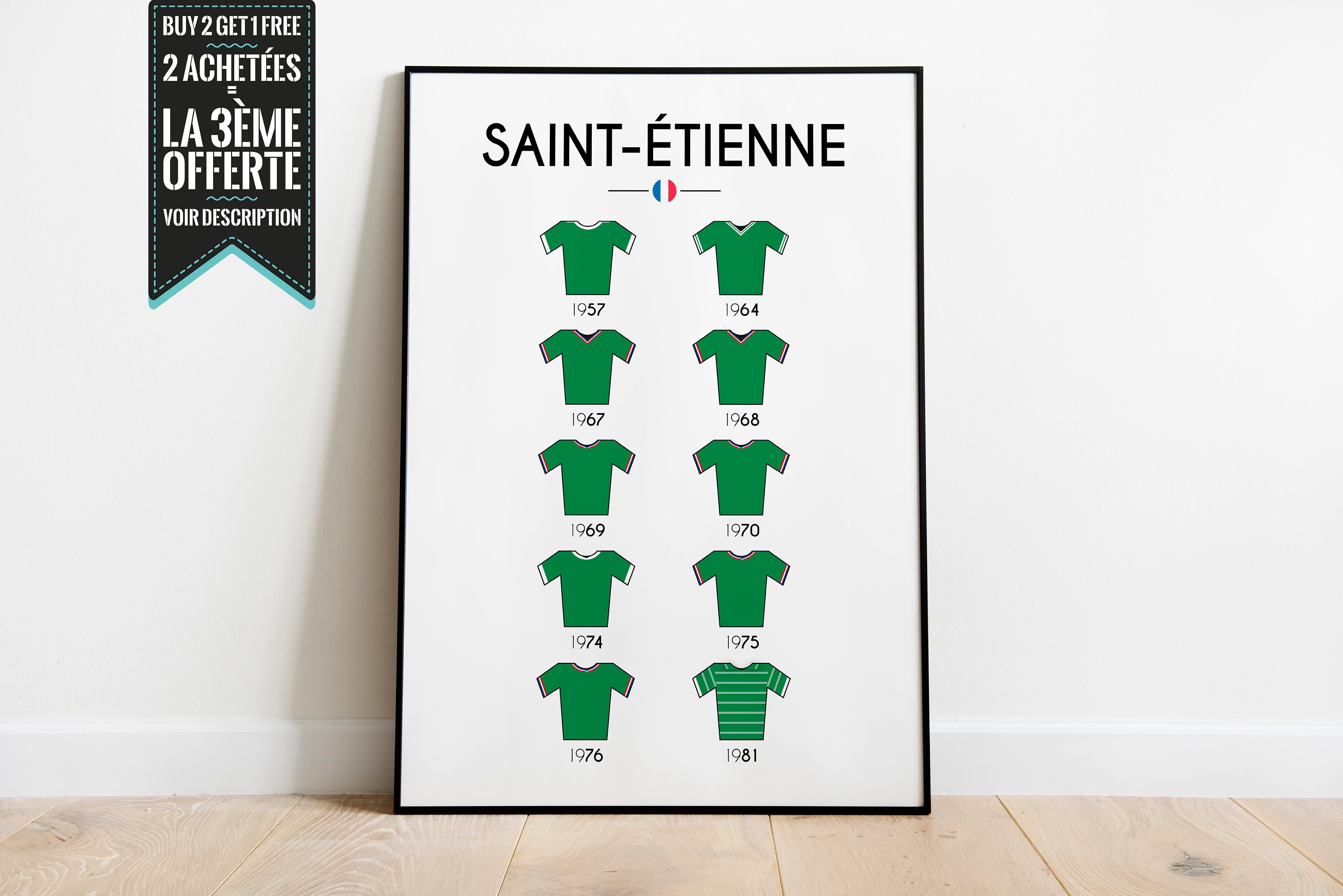 Affiche Décorative - Maillots Des Titres de Champions France Football L'as Saint-Etienne