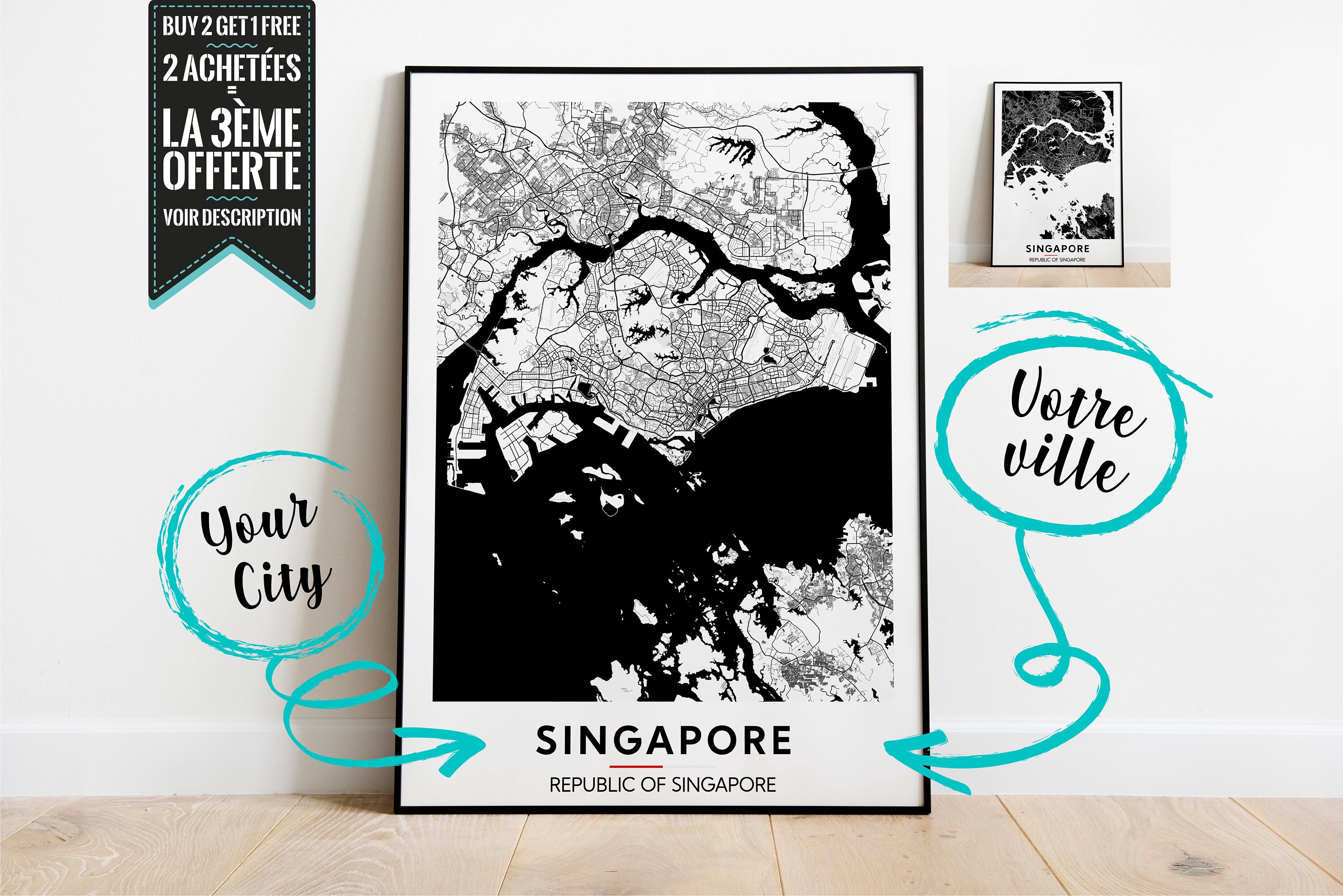 Singapore Plan de Ville Affiche Décorative - Possibilité Personnaliser avec La Ville Ton Choix