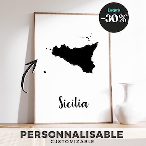 Affiche Carte de la Sicile - Illustration Minimaliste et Design Moderne, Poster Géographique Déco Murale, Idée Cadeau Voyageur