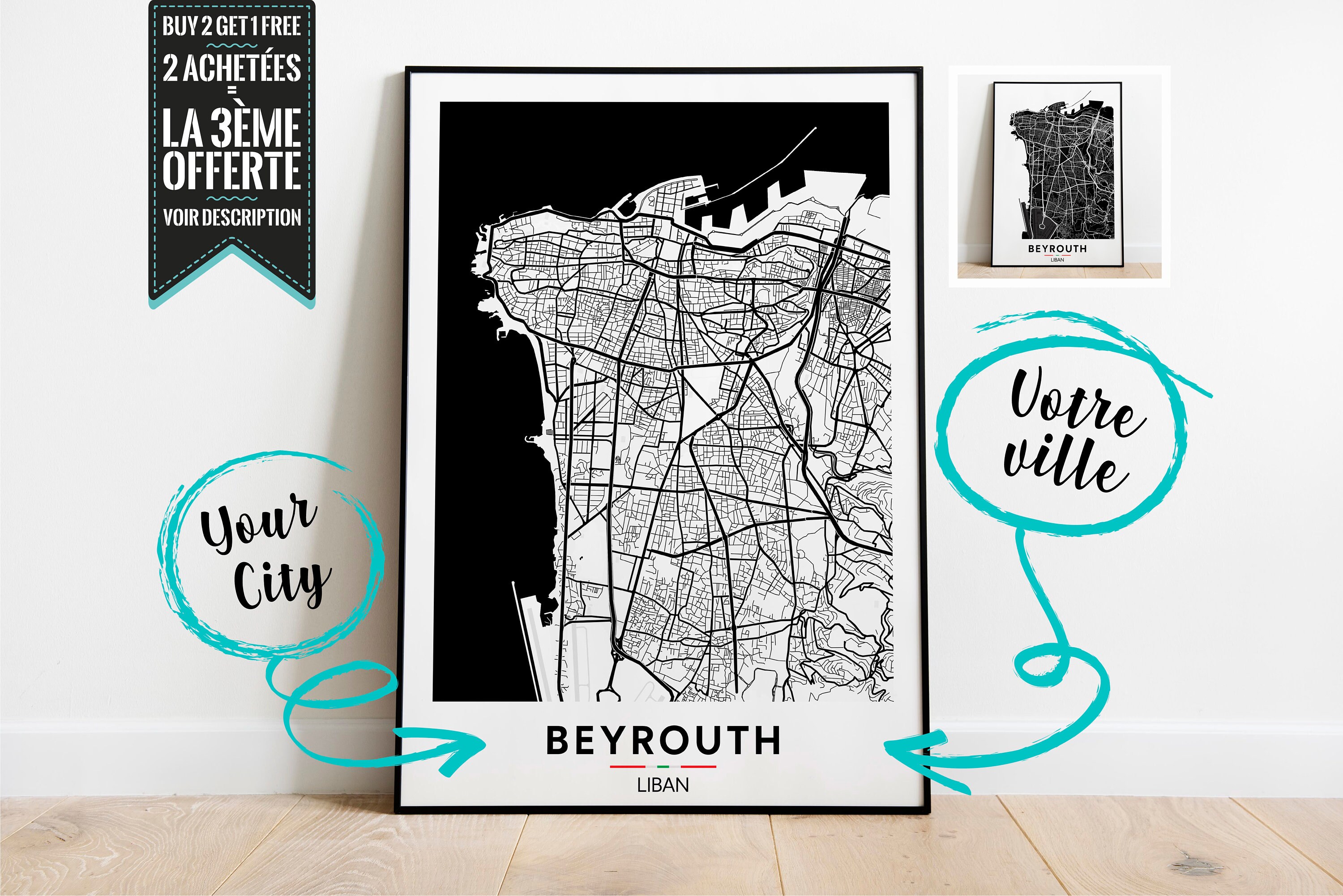 Beyrouth Plan de Ville Affiche Décorative - Possibilité Personnaliser avec La Ville Ton Choix