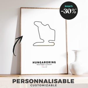 Póster del circuito de Hungaroring: ilustración del circuito del Gran Premio de Hungría, ideal para los aficionados a la F1 y los deportes de motor