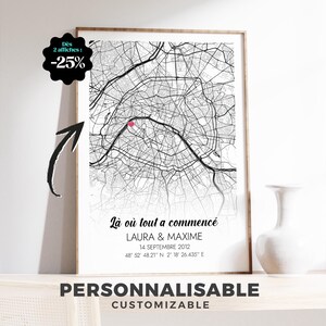 Personlig poster för par, stadskarta, bröllop, årsdag eller alla hjärtans dag