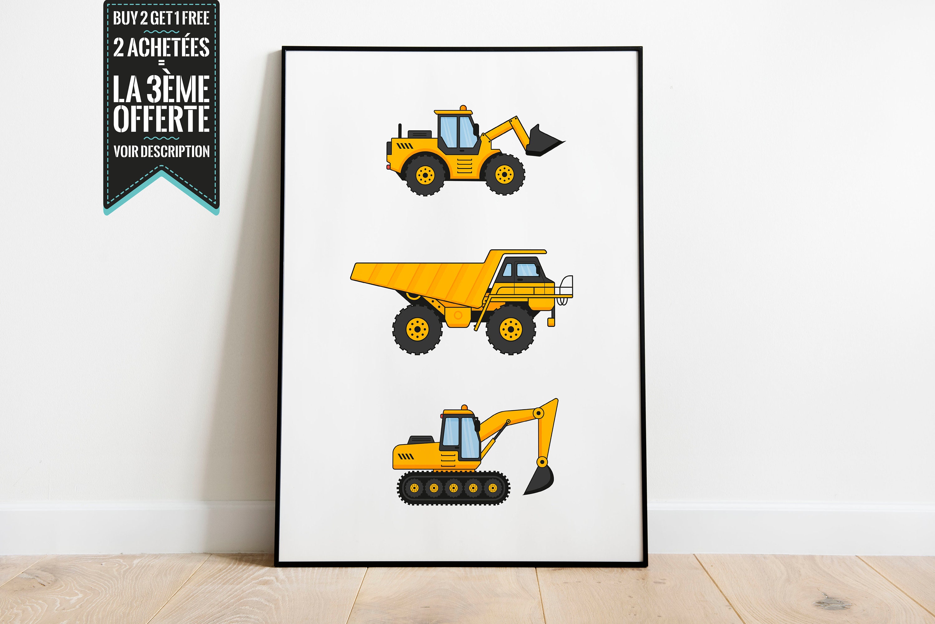 Affiche Décorative Pour Enfant Engins de Travaux | Grue, Pelleteuse...