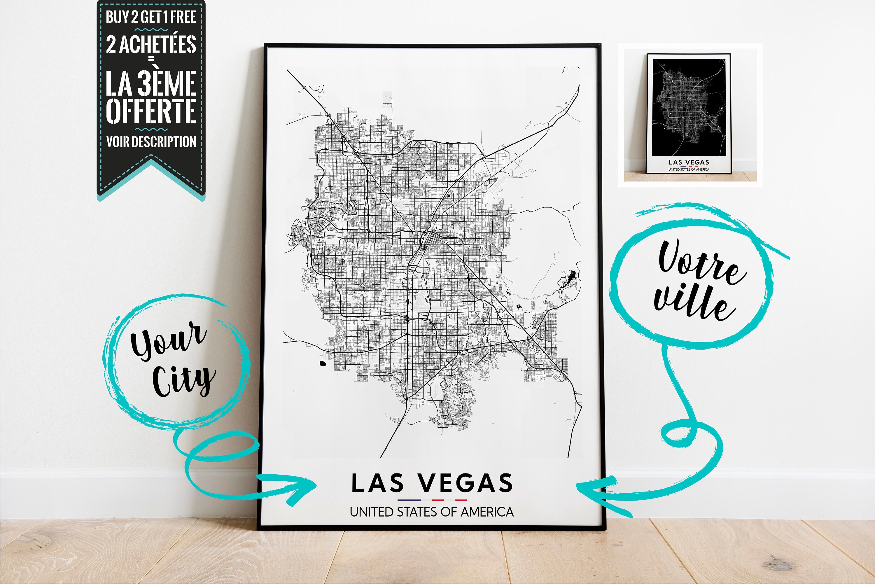 Las Vegas Plan de Ville Affiche Décorative - Possibilité Personnaliser avec La Ville Ton Choix