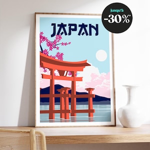 Poster illustrato di paesaggio giapponese - Torii e fiori di ciliegio, decorazione murale Zen, arte ispirata al Giappone, regalo originale e rilassante