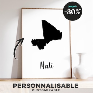 Affiche Carte du Mali - Illustration minimaliste et moderne, décoration murale inspirée des cartes géographiques, cadeau voyageur