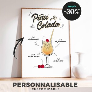 Póster de cóctel de piña colada, ilustración de receta, decoración de cocina, póster de cóctel, regalo original, póster de piña colada