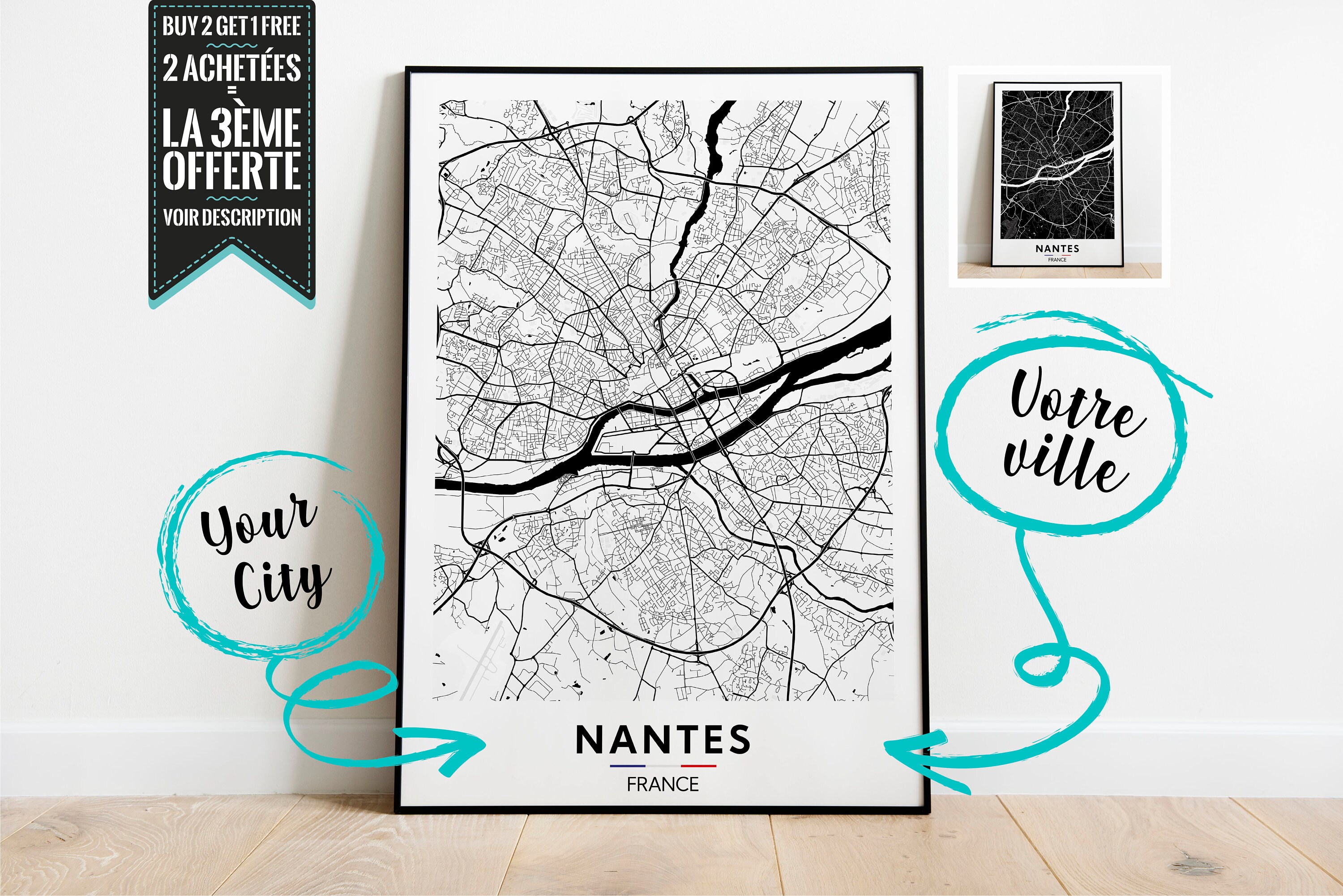 Nantes Plan de Ville Affiche Décorative - Possibilité Personnaliser avec La Ville Ton Choix