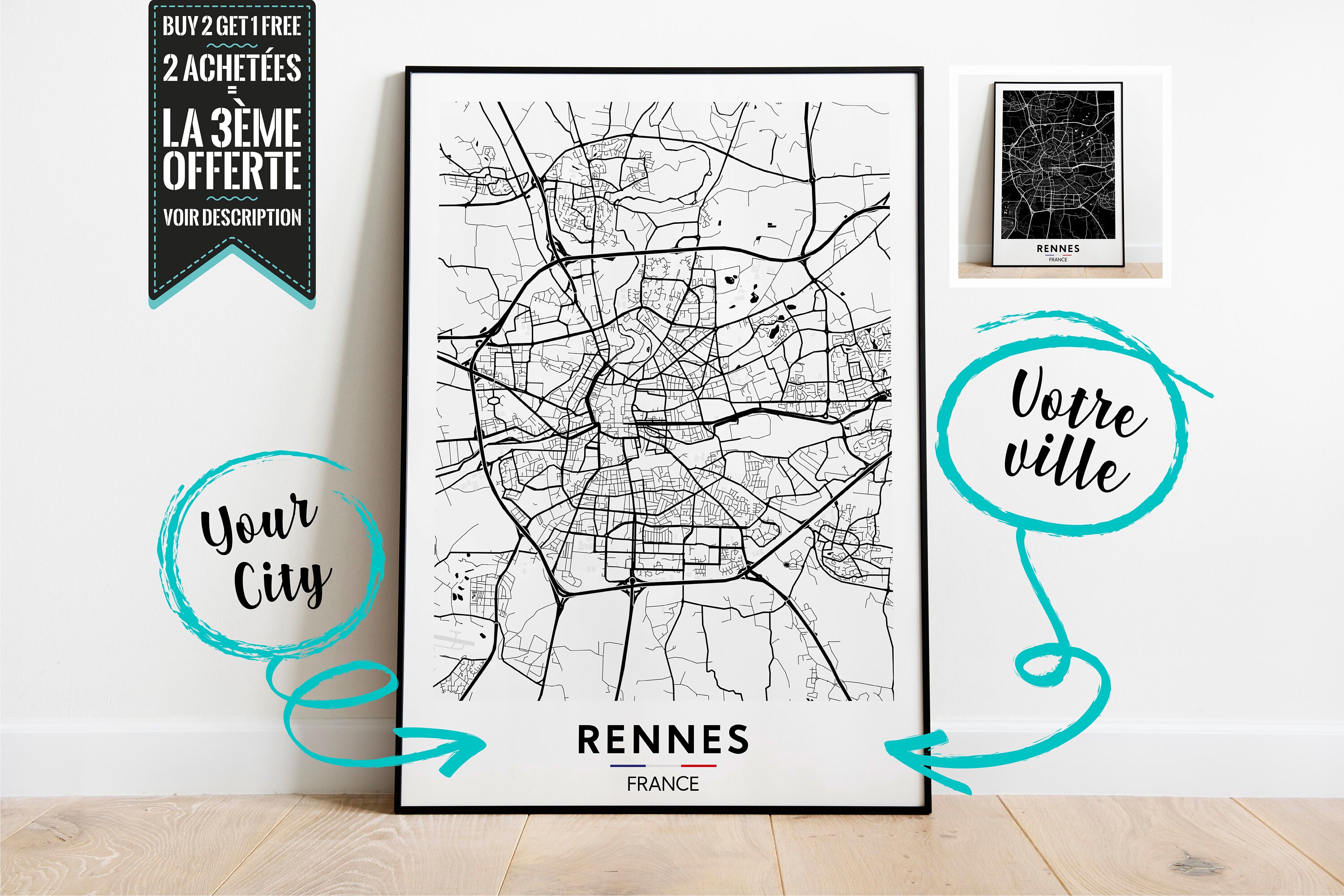 Rennes Plan de Ville Affiche Décorative - Possibilité Personnaliser avec La Ville Ton Choix