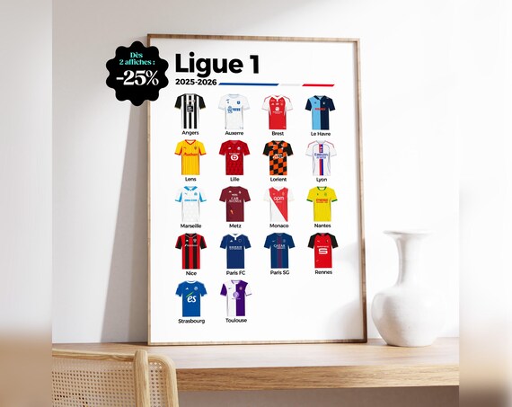 Affiche Maillots Ligue 1 Saison 2025/2026, illustration des équipes du championnat de France de football
