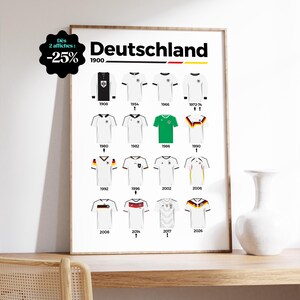 Könnte beinhalten: Ein gerahmtes Poster mit einer Zeitleiste der deutschen Fußball-Nationalmannschaftstrikots von 1908 bis 2026. Das Poster enthält das Wort "Deutschland" oben und einen Rabattaufkleber oben links.