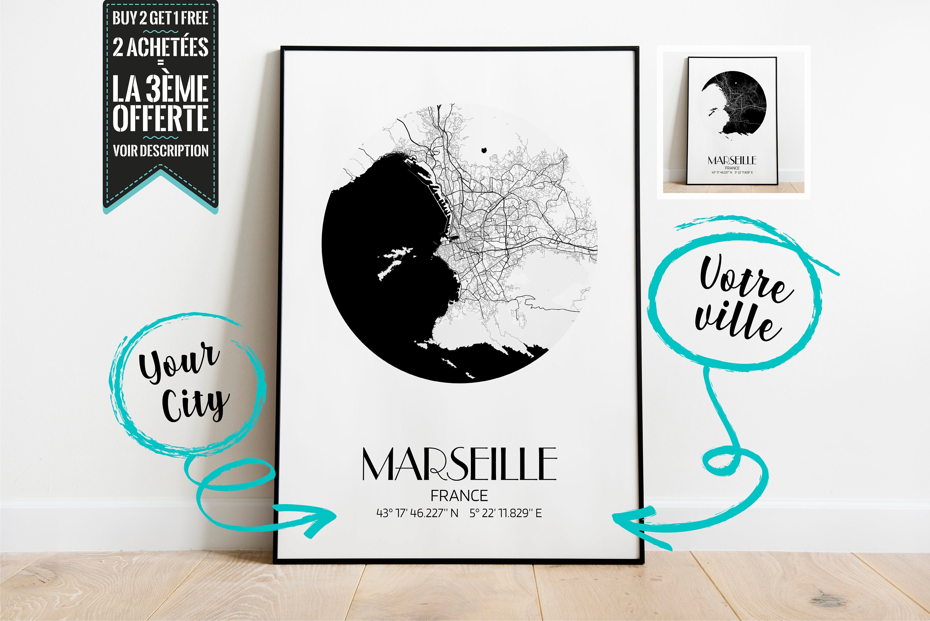 Marseille Plan de Ville Affiche Décorative - Possibilité Personnaliser avec La Ville Ton Choix Forma