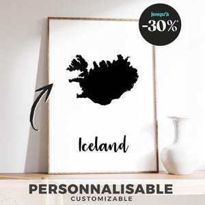 Affiche carte de l’Islande – Poster décoratif nordique, illustration minimaliste noir et blanc, idée cadeau voyage ou déco murale