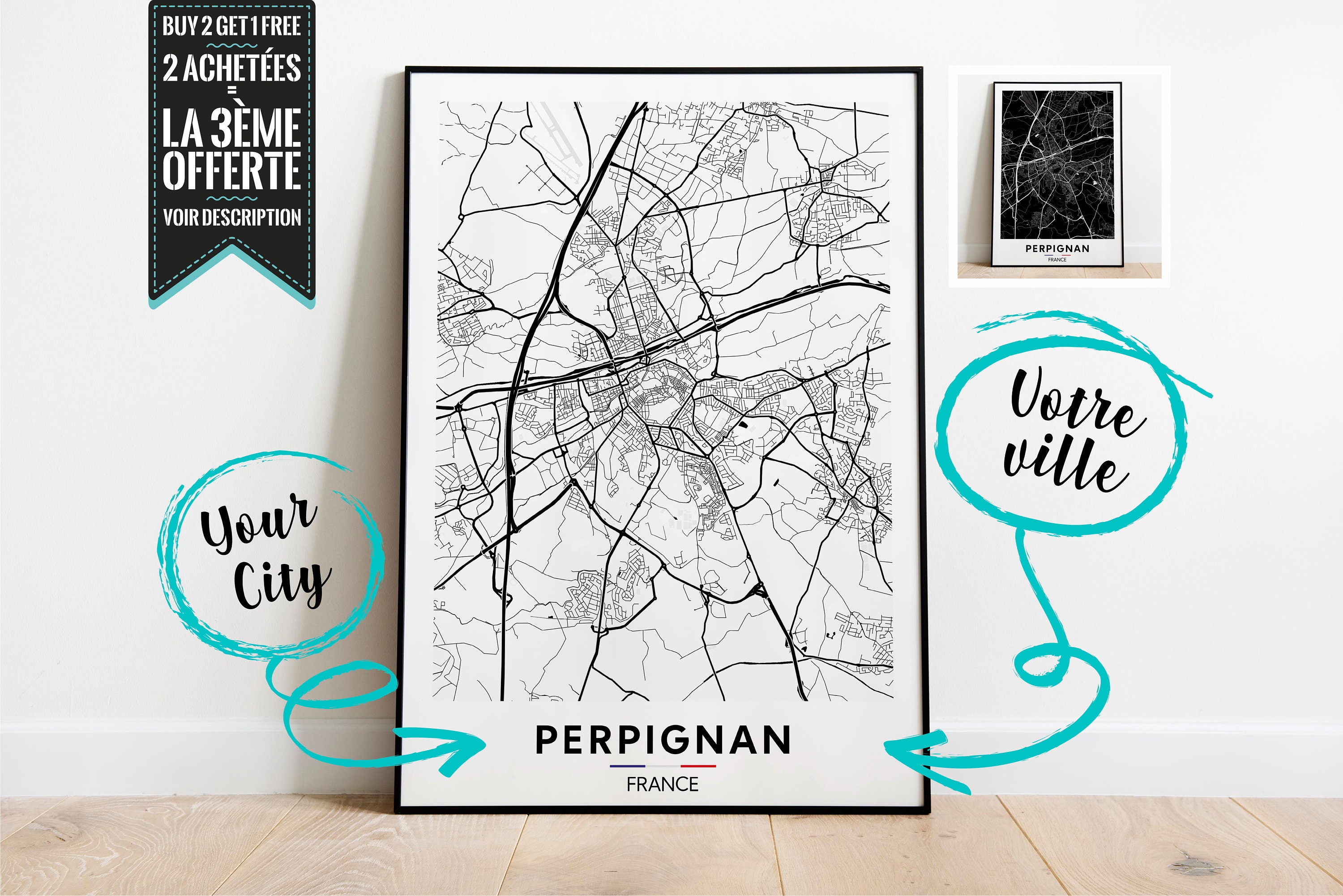 Perpignan Plan de Ville Affiche Décorative - Possibilité Personnaliser avec La Ville Ton Choix
