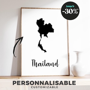 Affiche Carte de la Thaïlande – Illustration Minimaliste – Poster Pays Asie – Décoration Murale Voyage – Cadeau Globe-Trotter