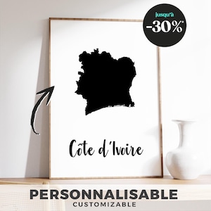 Affiche carte de la Côte d'Ivoire – Illustration minimaliste, déco murale moderne, cadeau voyageur et amoureux de l’Afrique