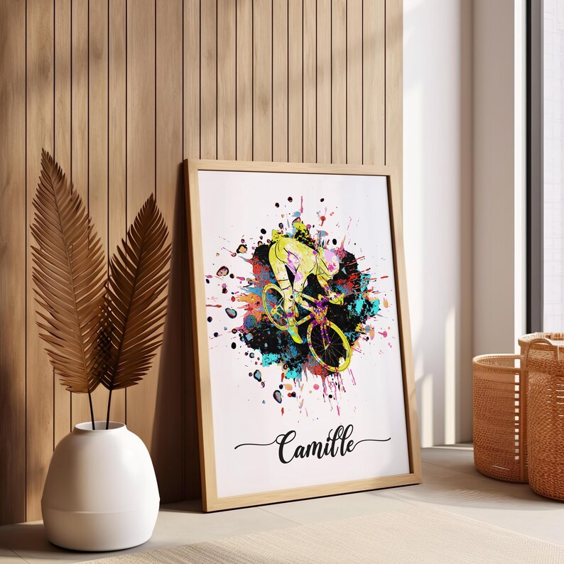 Personlig cykelposter – Illustration av en ung cyklist i aktion, originell presentidé Multicolore