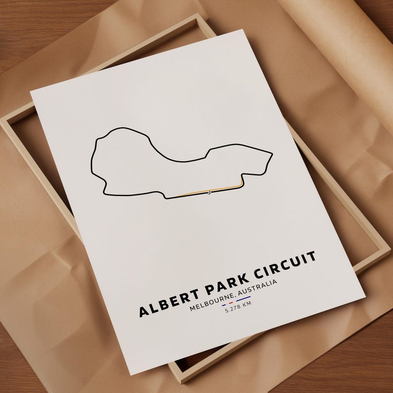Peut inclure: Un dessin au trait noir et blanc du circuit d'Albert Park &agrave; Melbourne, en Australie. Le circuit mesure 5,278 km de long.