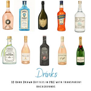 Watercolor Drinks Clipart – 10 Hand-Drawn Bottle PNGs with Transparent Backgrounds – Champagne, Tequila, Aperol, Rosé