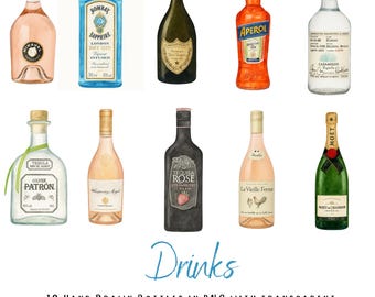 Aquarell Getränke Clipart - 10 handgezeichnete PNGs mit transparentem Hintergrund - Champagner, Tequila, Aperol, Rosé