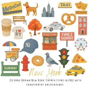 New York Clipart Set – 24 Hand-Drawn Watercolor PNGs with Transparent Backgrounds – NYC Food, Subway, Taxi & City Life Illustrations