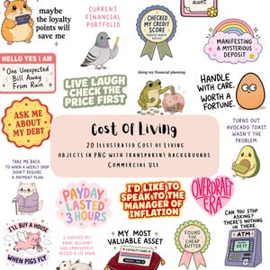 May include: A collection of 20 digital illustrations featuring humorous cost of living themes, including a hamster with a loyalty card, a pigeon, a frog with a piggy bank, an egg, an avocado, and an ATM, all with witty text captions.