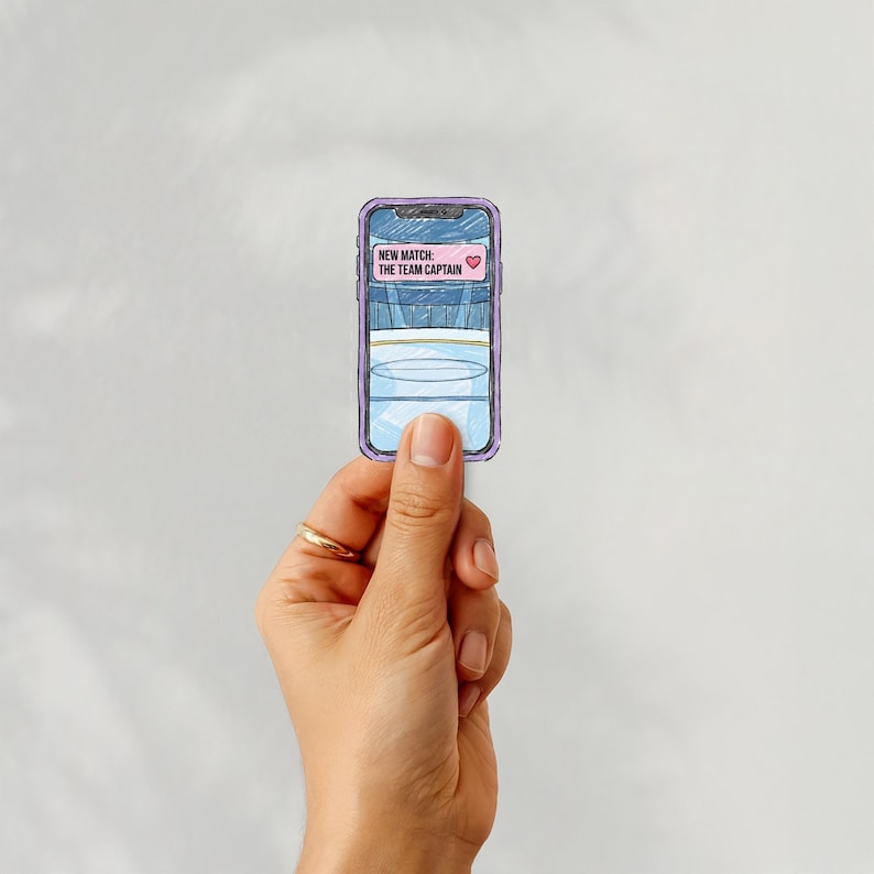 Puede incluir: Una pegatina de un smartphone con un borde morado, sostenida por una mano. La pantalla del tel&eacute;fono muestra el texto "NEW MATCH: THE TEAM CAPTAIN" con un icono de coraz&oacute;n rosa. La pantalla del tel&eacute;fono tiene un dise&ntilde;o azul y blanco.
