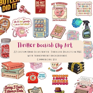Könnte beinhalten: Eine Sammlung von 22 handillustrierten Clip-Art-Bildern zum Thema Thriller im PNG-Format. Die Bilder umfassen einen Hammer, ein rosa Drehtelefon, einen Automaten, ein Buch, einen Kalender und eine Schreibmaschine. Der Text im Bild lautet "Thriller Bookish Clip Art".
