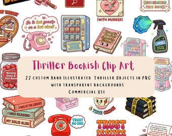 Thriller Bookish Clip Art – 22 Crime-Themed PNGs for Mystery & True Crime Lovers, Transparent Background