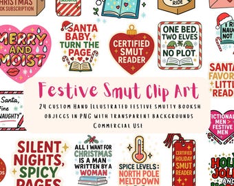 Peut inclure: Une collection de clip art sur le thème de Noël avec divers motifs. Les illustrations comprennent des livres, des cœurs et des phrases festives telles que "Merry and Moist" et "Certified Smut Reader". Le texte "Festive Smut Clip Art" est bien en évidence.