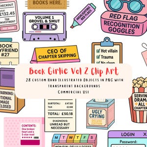 Könnte beinhalten: Eine Sammlung farbenfroher Clip-Art-Illustrationen mit Text, darunter ein Kassettenrekorder, ein Textmarker und ein Schild mit der Aufschrift „CEO of Chapter Skipping“. Der Text „Book Girlie Vol 2 Clip Art“ ist ebenfalls vorhanden.