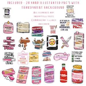 Puede incluir: Una colecci&oacute;n de 28 PNG ilustrados a mano con fondos transparentes. Las im&aacute;genes incluyen texto y gr&aacute;ficos relacionados con libros, lectura y romance, como un Kindle, libros y frases como "Smut Scene" y "Fantasy Romance Filth."