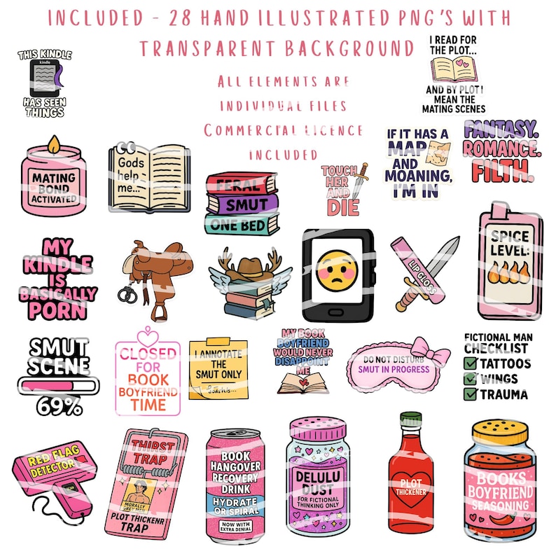Puede incluir: Una colecci&oacute;n de 28 PNG ilustrados a mano con fondos transparentes. Las im&aacute;genes incluyen texto y gr&aacute;ficos relacionados con libros, lectura y romance, como un Kindle, libros y frases como "Smut Scene" y "Fantasy Romance Filth."