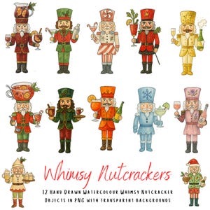 Op de afbeelding: Waterverfillustraties van grillige notenkrakers, elk met een ander cocktail of drankje. De notenkrakers zijn gekleed in verschillende feestelijke outfits, met de tekst "Whimsy Nutcrackers" in cursiefschrift eronder.