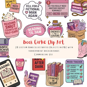 May include: A set of book-themed clip art illustrations. Features a pink mug, eye mask, potion bottle, books, and speech bubbles with phrases such as "Reading Smut Counts as Self-Care" and "Enemies to Lovers".