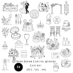 Skurrile Küsten Hochzeit Clipart | 30 handgezeichnete schwarz-weiße SVG PNG JPEG | Braut am Strand Clip Art | Maritimes Hochzeits-Grafik-Bundle