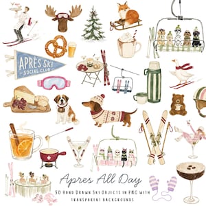 Après Ski Watercolor Clipart Bundle | 30 Winter Ski PNG Illustrations | Ski Trip, Chairlift, Chalet & Alpine Graphics | Commercial Use