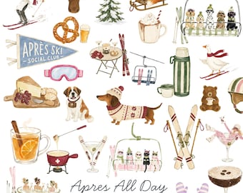 Après Ski Watercolor Clipart Bundle | 30 Winter Ski PNG Illustrations | Ski Trip, Chairlift, Chalet & Alpine Graphics | Commercial Use