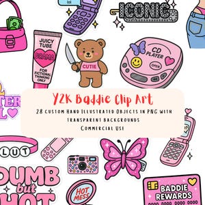 Könnte beinhalten: Eine Sammlung von Y2K-Themen-Clip-Art-Illustrationen in Pink und Lila. Enthält eine rosa Handtasche, ein Klapphandy, einen CD-Player, einen Bären mit einem Messer und Text mit der Aufschrift "Juicy Tube Drama" und "Hot Mess". Der Text "Y2K Baddie Clip Art" ist ebenfalls vorhanden.
