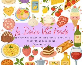 28 La Dolce Vita Food Clip Art Bundle | Cute Italian Food PNGs | Watercolour Pasta, Pizza, Wine & More | Commercial Us