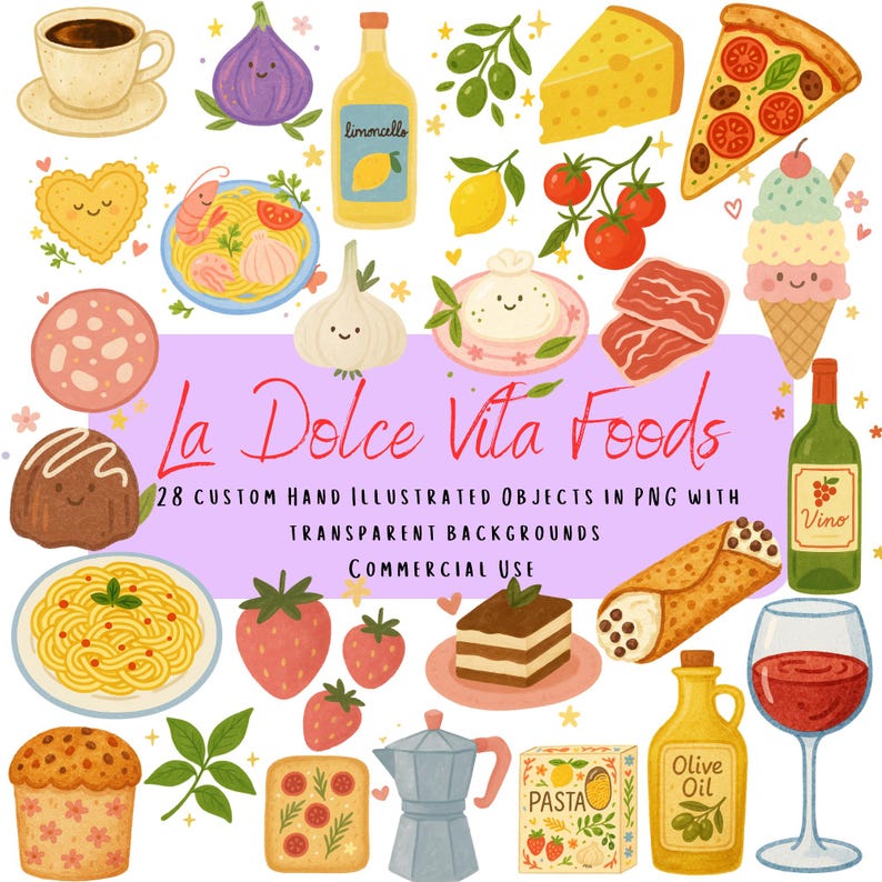 K&ouml;nnte beinhalten: Illustration mit verschiedenen Lebensmitteln, darunter Pizza, Pasta, K&auml;se und Eiscreme. Ebenfalls enthalten sind eine Limoncello-Flasche, eine Weinflasche und eine Kaffeetasse. Der Text "La Dolce Vita Foods" ist zu sehen.