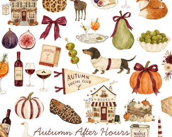 Autumn Watercolor Clipart Bundle | 30 Fall Aesthetic PNG Illustrations | Pumpkin, Wine, Martini, Bow & Cozy Autumn Clip Art | Commercial Use