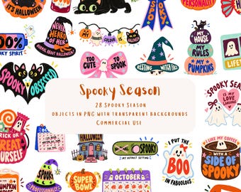 28 Halloween PNG Clipart Bundle | Funny Spooky Season Illustrations | Cute Halloween Stickers, Sublimation & Commercial Use