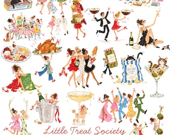 Little Treat Society Watercolor Clipart | 42 Whimsical Food, Wine, Party, Girls & Pet Illustrations | Dinner PNG Bundle | Commerical Use