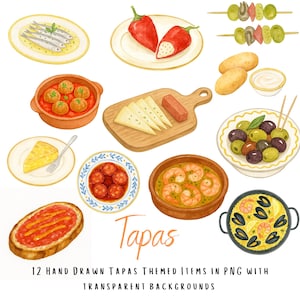 May include: Watercolor illustration of various tapas dishes, including olives, meatballs, cheese, and shrimp. The image includes the word "Tapas" and the text "12 Hand Drawn Tapas Themed Items in PNG with Transparent Backgrounds."