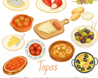 12 Aquarell Tapas Clipart - Handgezeichnete PNGs der spanischen Küche mit transparentem Hintergrund - Illustration der mediterranen Küche