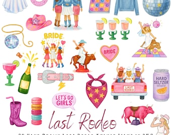 Clipart de despedida de soltera de último rodeo: 24 PNG de acuarela dibujados a mano con fondo transparente: fiesta de vaqueras, escuadrón de novias, chicas del oeste